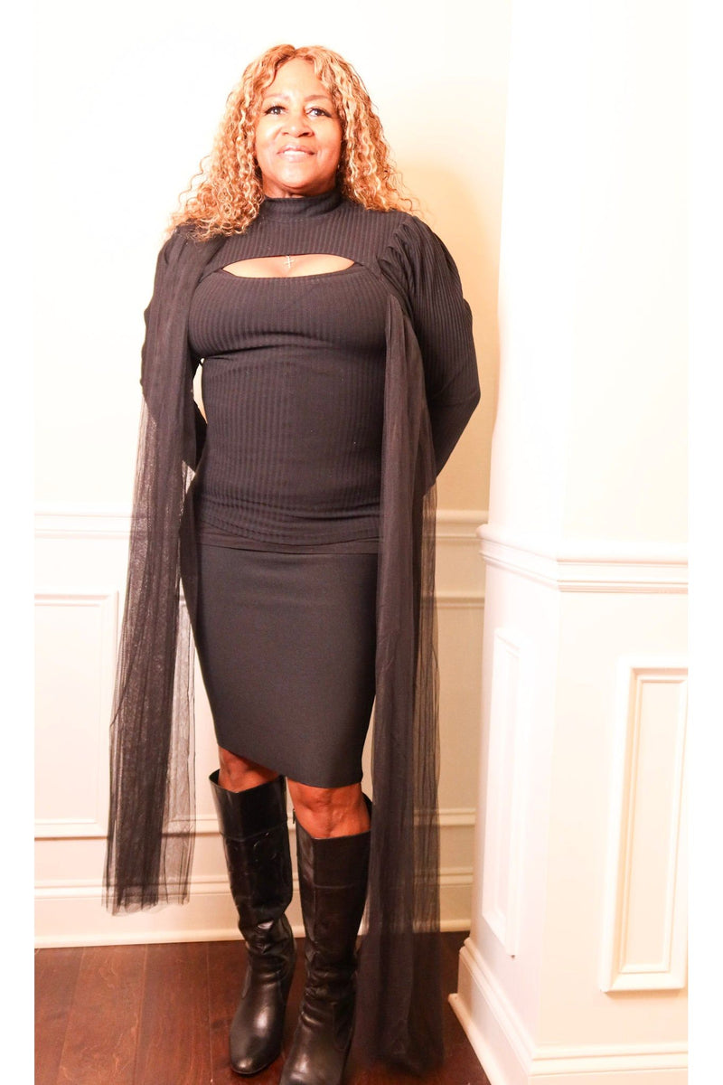Black  Ribbed Sweater with Cascade Tulle