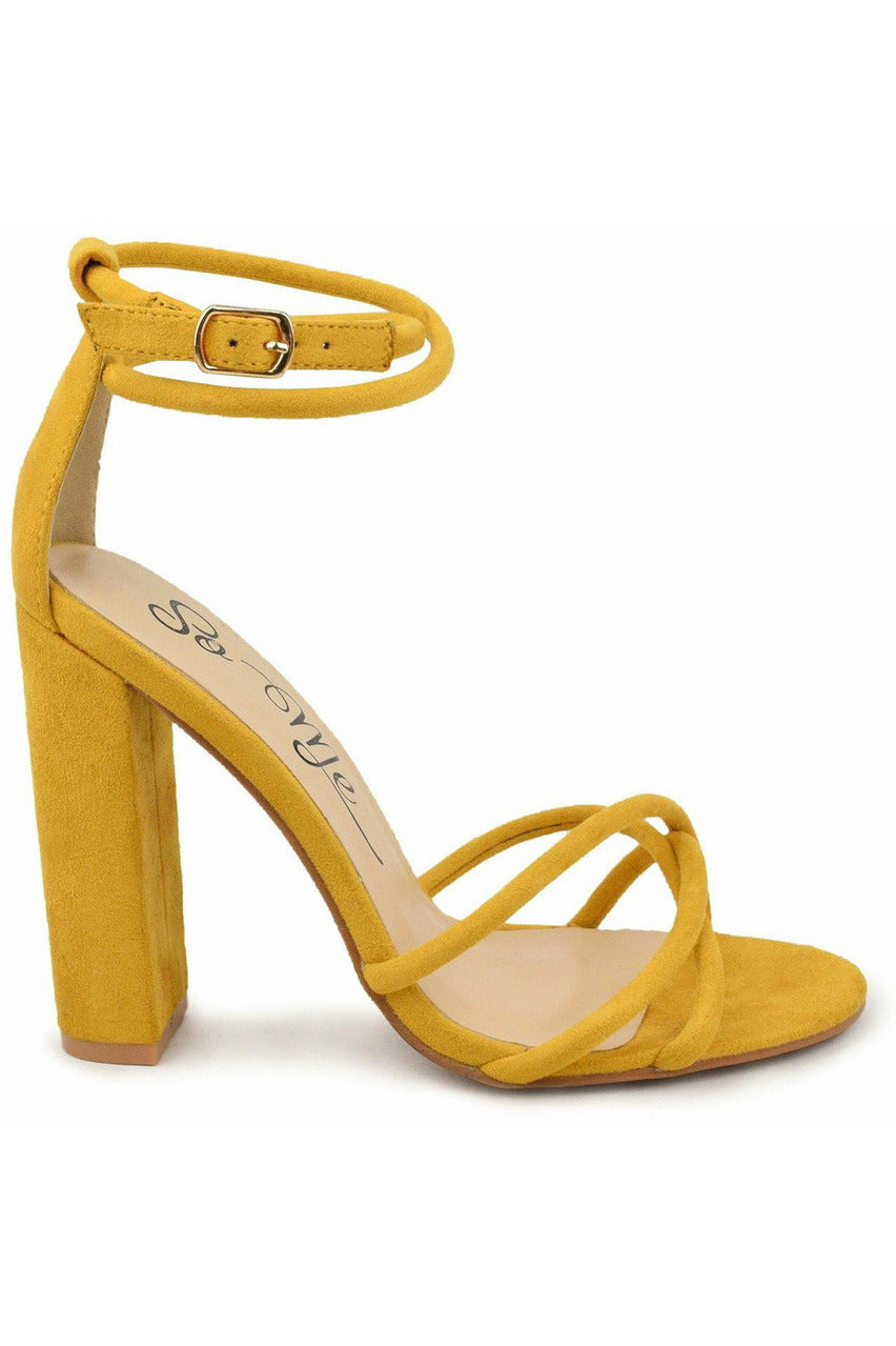Suede Ankle Wrap Mustard Chunky Heel Sandals - 227 Boutique
