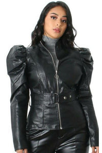 SHANA- BLACK FAUX JACKET WITH PUFFY SLEEVES