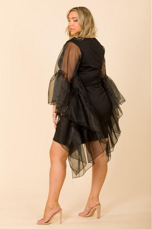 Cher-uffle Sleeves, Black Midi Curvy Dress