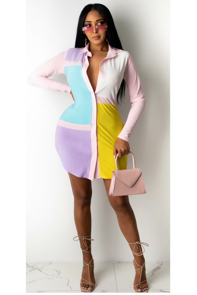Color Block Long Sleeve Dress - Button up top - 227 Boutique