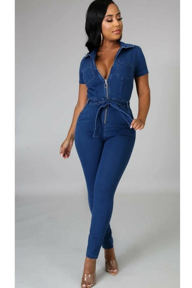 Zipper Jumpsuit with Pockets front straight leg and belt - 227 Boutique