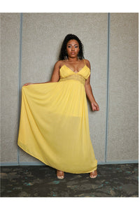 Maxi Dress with Tight Waist Bank - Yellow - Peach - 227 Boutique