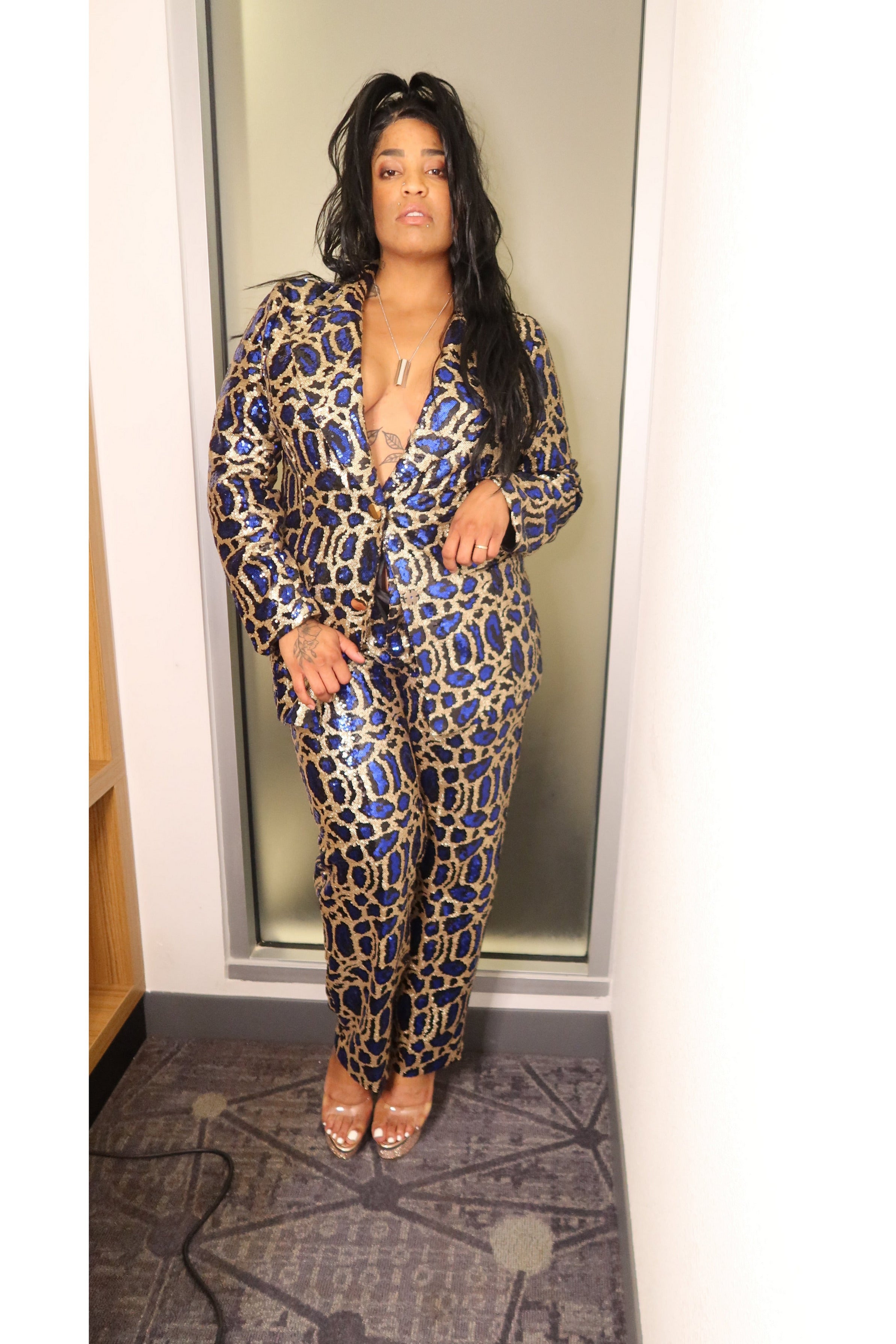 SHE IS READY FOR THE HOLIDAY'S - ROYAL BLUE AND GOLD SEQUENCE PANT SUIT