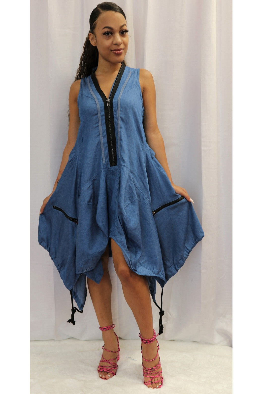 Zipper Denim Dress - Sleeveless Cut Midi - Curvy - 227 Boutique
