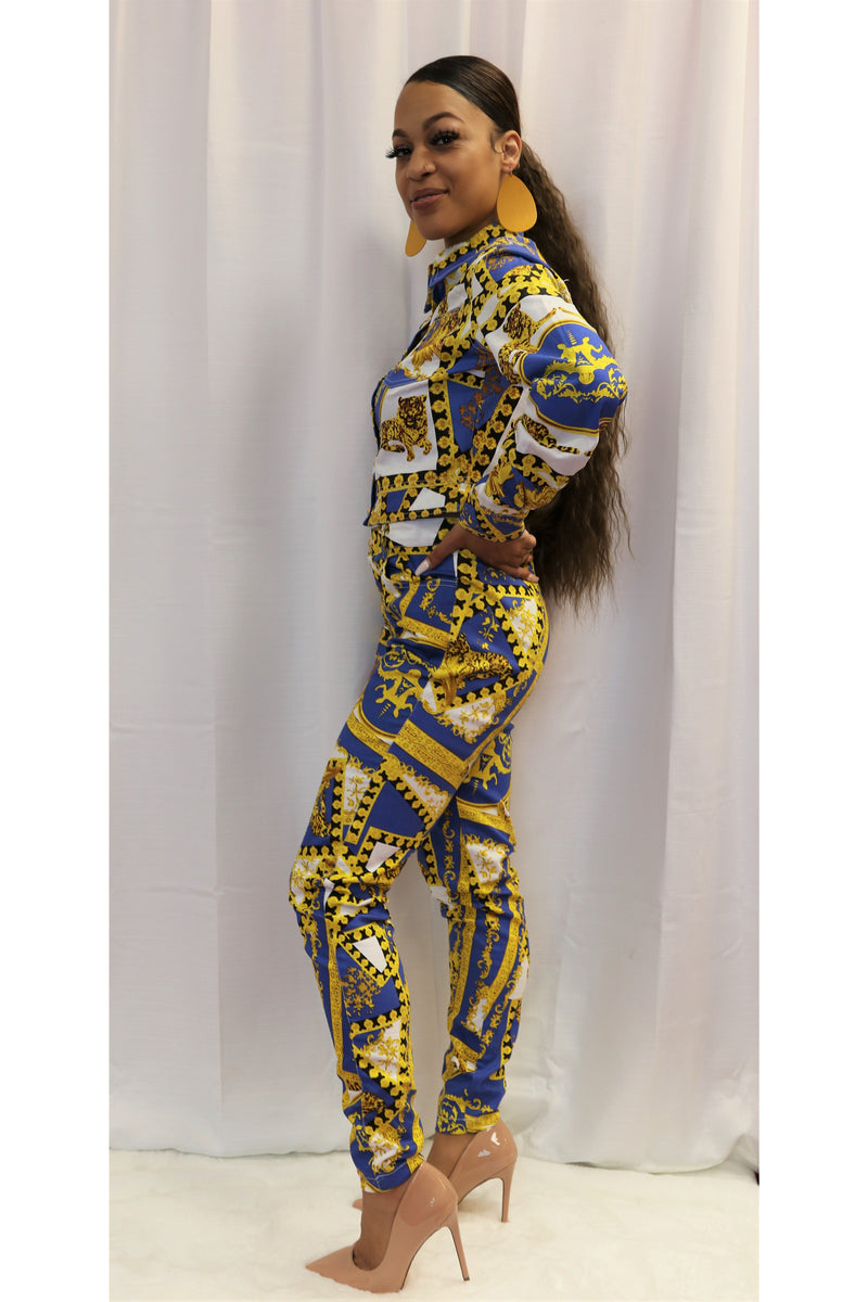 Ms. Lady -Navy Blue Floral 2 Piece Jacket and Pants Set