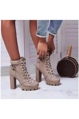 Beige Leather Lace-Up Booties