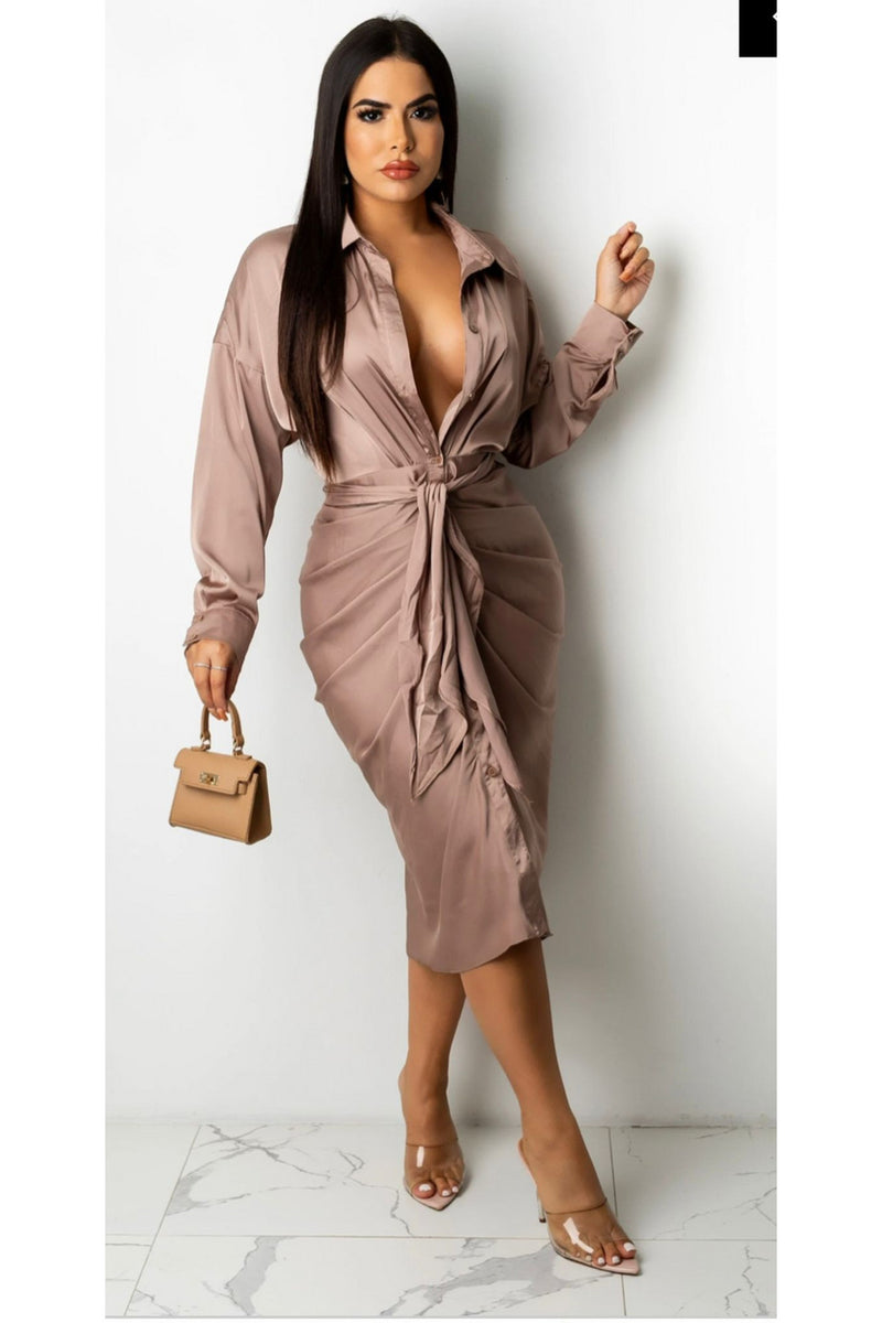 Beige Long Sleeve Rushed Front Dress - 227 Boutique