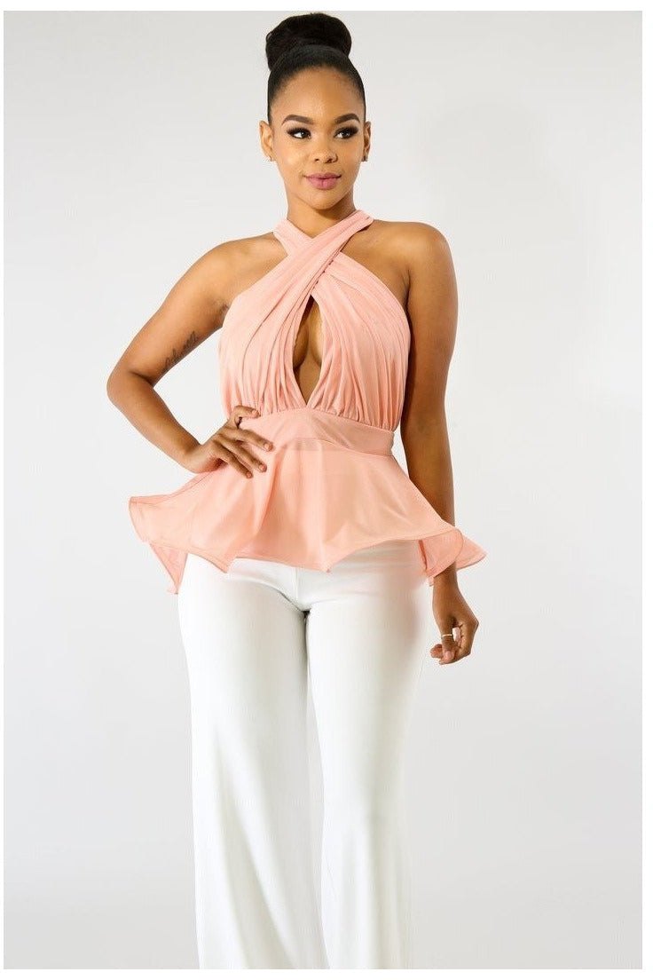 Criss Cross Halter Top - Peach and Chocolate Color - 227 Boutique