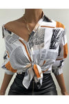 Top/ newspaper shirt blouse- with Rust - 227 Boutique