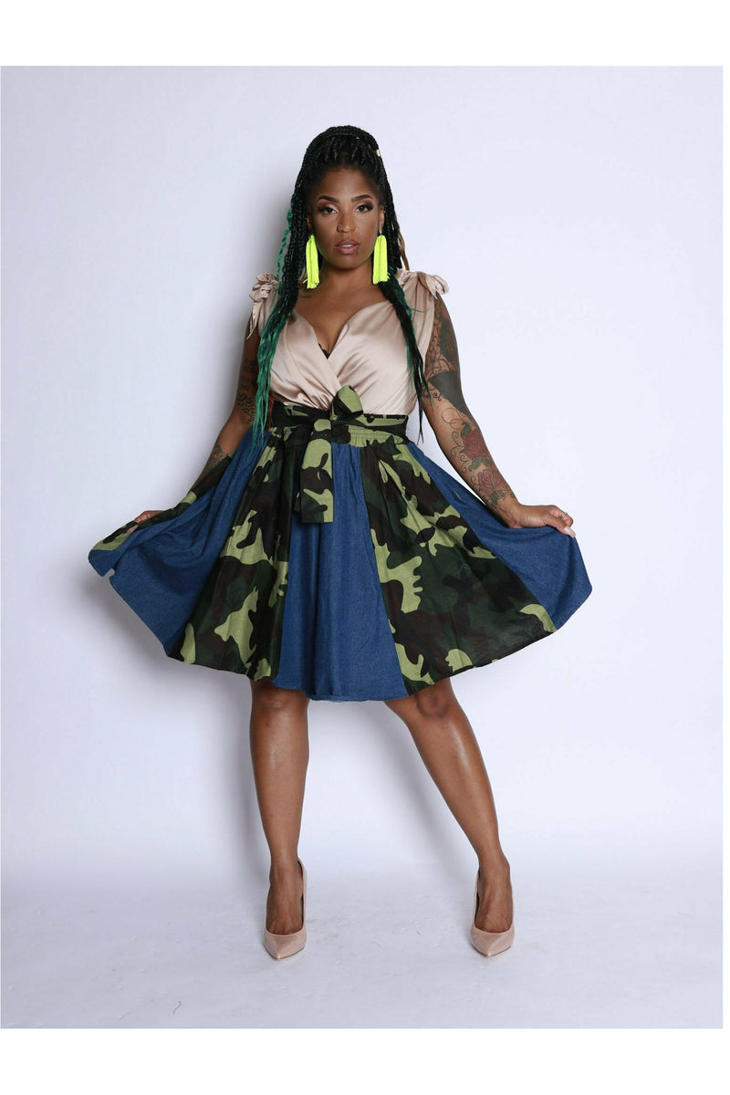 Army Green & Jean Wide Skirt - Camo Skirt - 227 Boutique